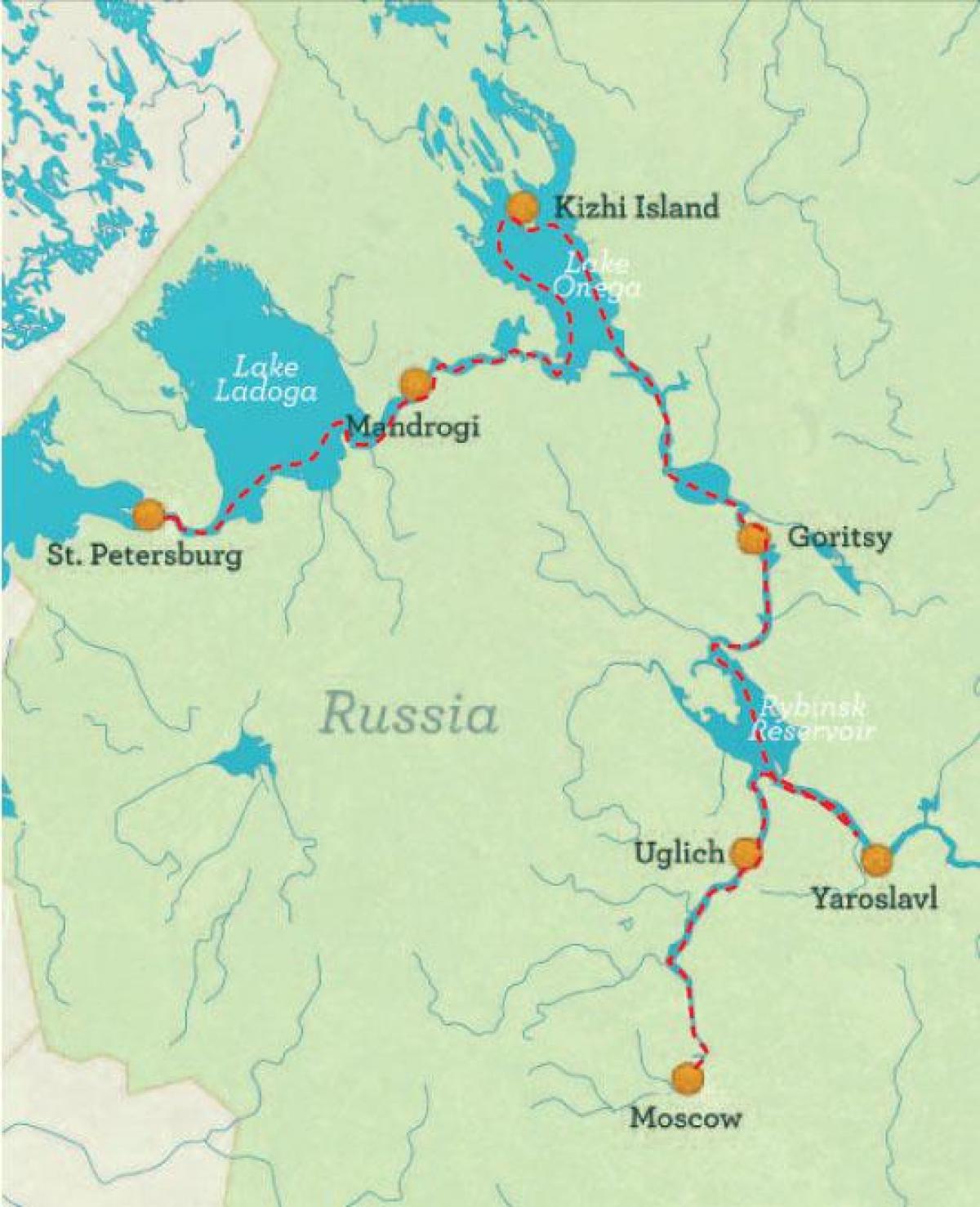 kaart van St Petersburg tot in Moskou cruise